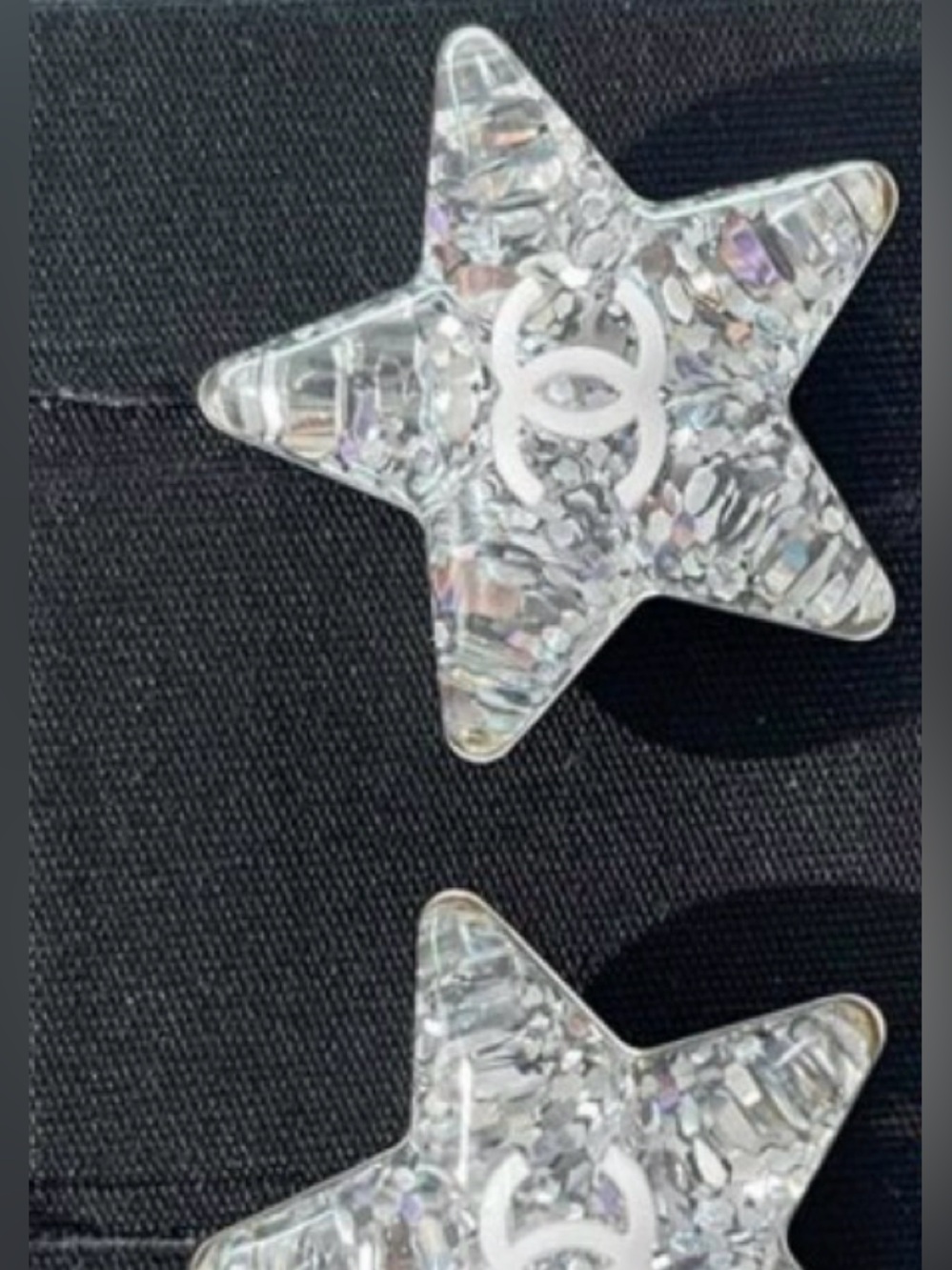 CHANEL White CC Silver Glitter Resin Star Studs